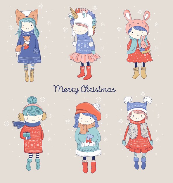 손으로 그린 아름다운 귀여운 겨울 소녀 컬렉션.