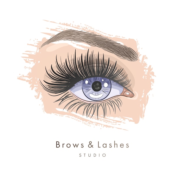 Hand drawn beautiful female eye with long black eyelashes and brows