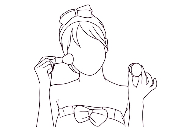 Нарисованная рукой красивая девушка с иллюстрацией косметической кисти для макияжа