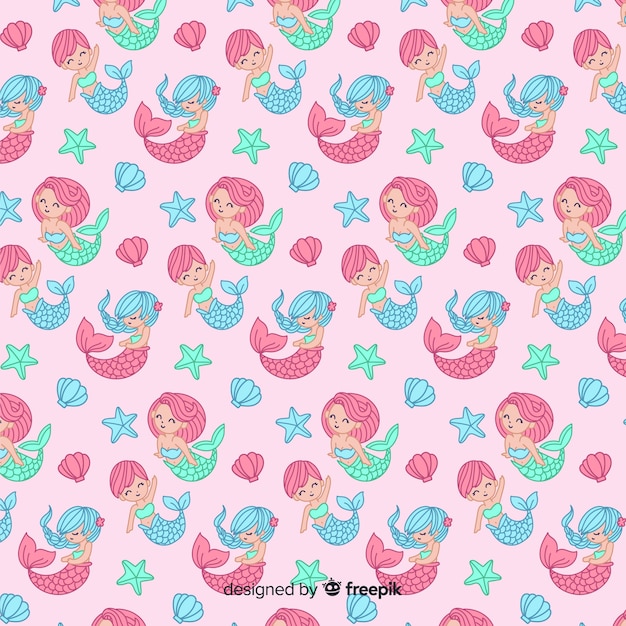 Vector hand drawn beautiful mermaid pattern