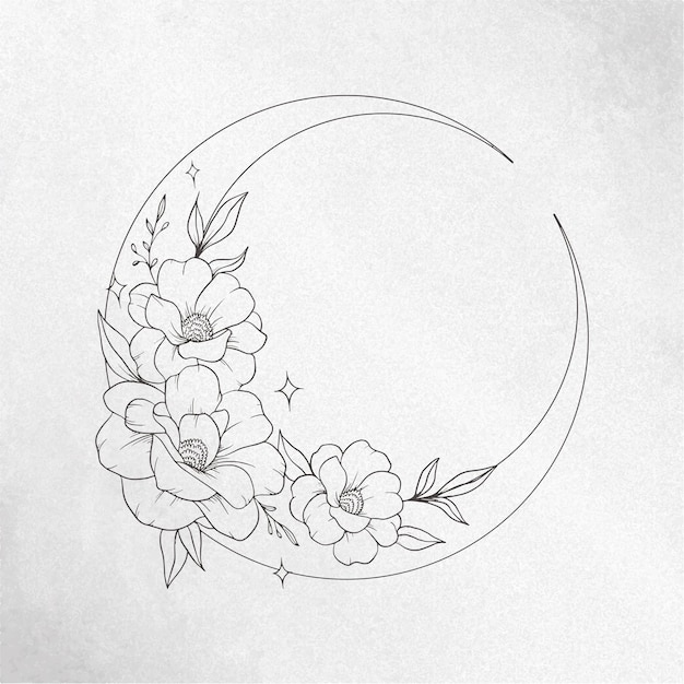 Hand Drawn Beautiful Romantic Crescent Moon Wreath Flower Illustration