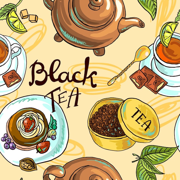 Hand drawn beautiful seamless black tea pattern