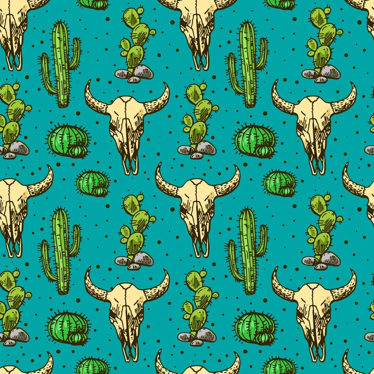 Hand drawn beautiful seamless pattern with cactus and skull of bull