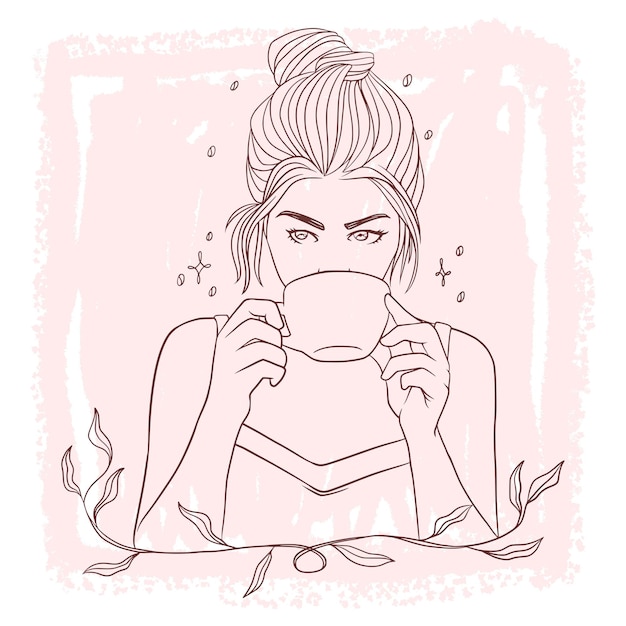 Нарисованная рукой красивая женщина случайно пьет кофе в стиле арт-линии