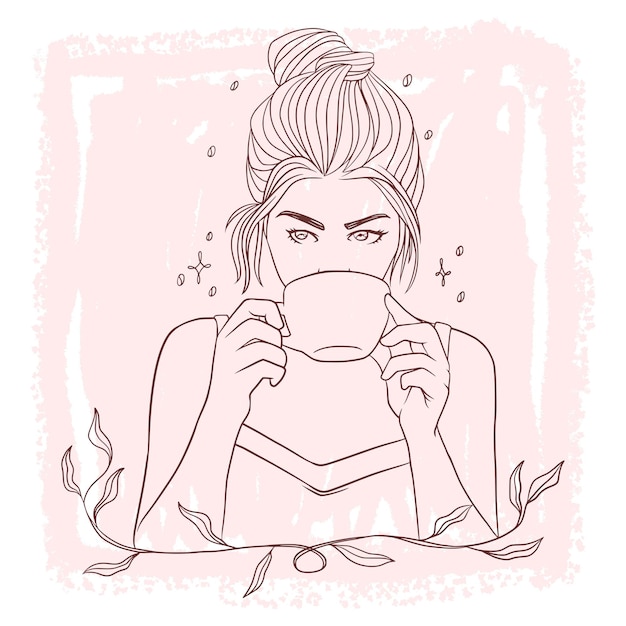 Vector hand drawn beautiful woman casually drinking coffee in line art style