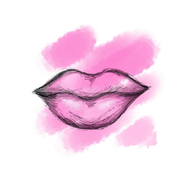 Hand drawn beautiful woman lips. Sketch on a watercolor background. Vector illustration.