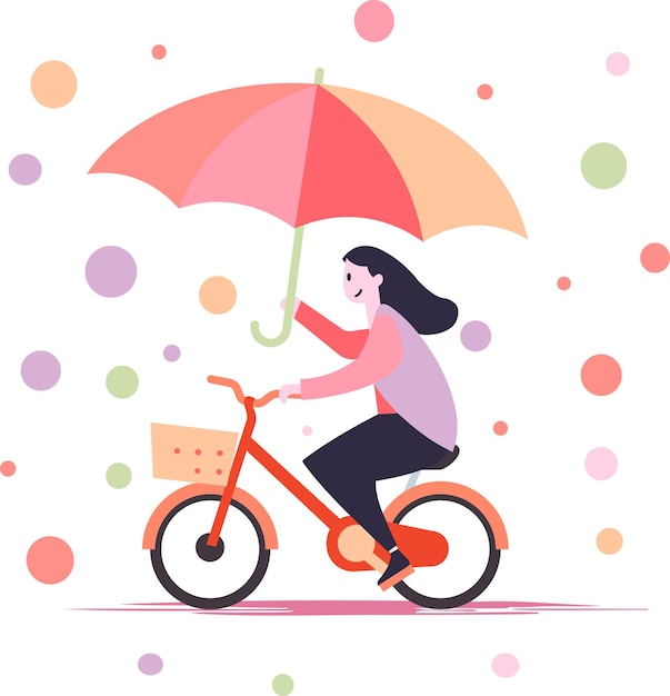 Hand Drawn beautiful woman riding a bicycle and holding an umbrella in flat style isolated on background