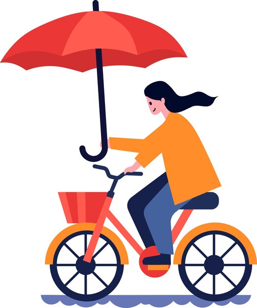 Hand Drawn beautiful woman riding a bicycle and holding an umbrella in flat style isolated on background