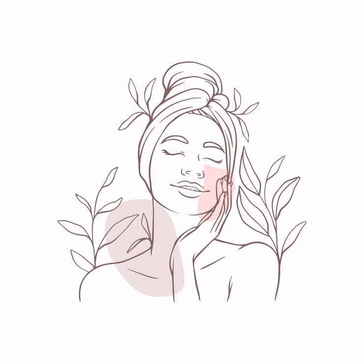 Vector hand drawn beautiful woman taking care of face in line art style