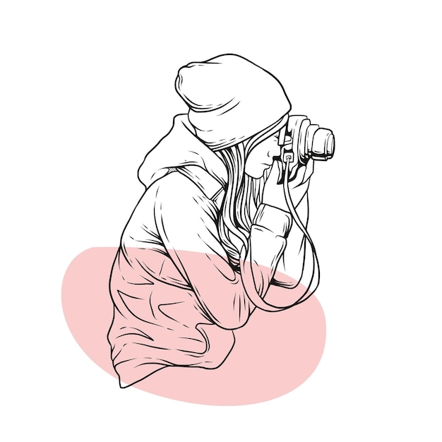 Hand drawn beautiful woman taking photo in line art style