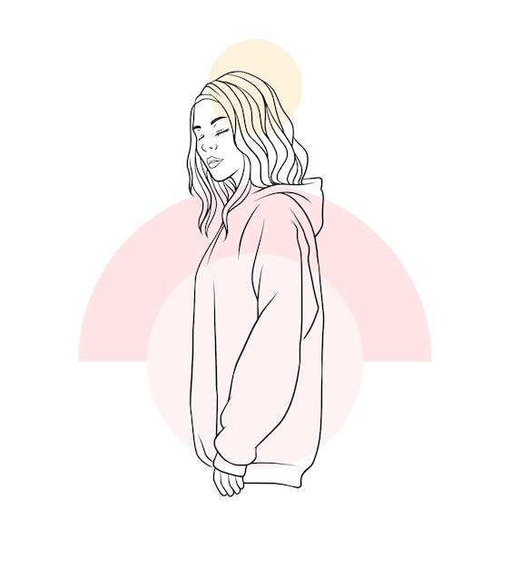 Hand drawn beautiful woman wearing fashion jacket in elegant line art style