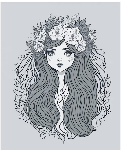 hand drawn beautiful young woman in flower wreath cute girl with long hair sketch illustration