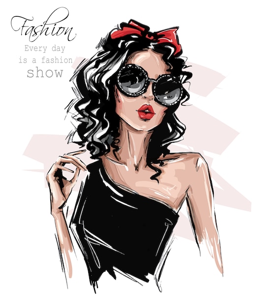 Hand drawn beautiful young woman in sunglasses. Stylish girl with bow on her head. Fashion woman look.