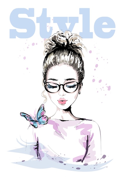 Hand drawn beautiful young woman with colorful butterfly