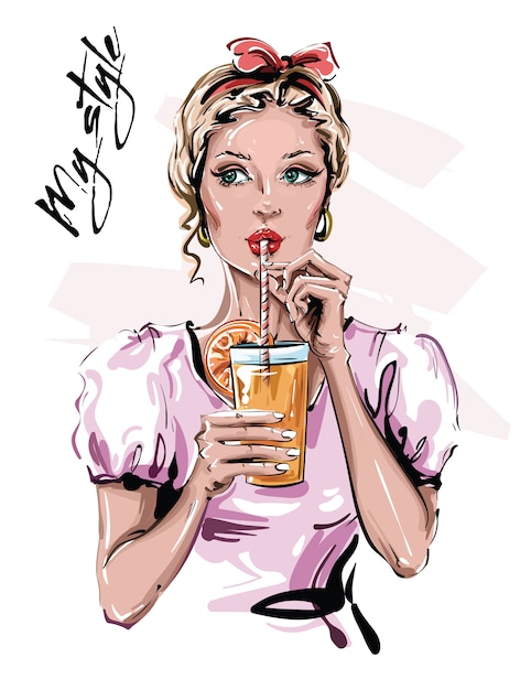 Vettore disegnata a mano bella giovane donna con drink. elegante pin-up con accessorio per la testa. look da donna alla moda.