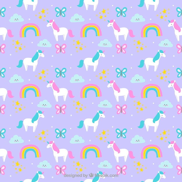 Vector hand drawn beautuful unicorns with rainbows and butterflies pattern