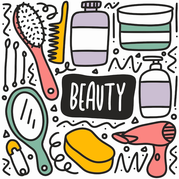 Hand drawn beauty doodle set with icons and design elements