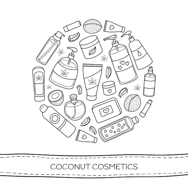 Hand drawn beauty products with coconut in circle