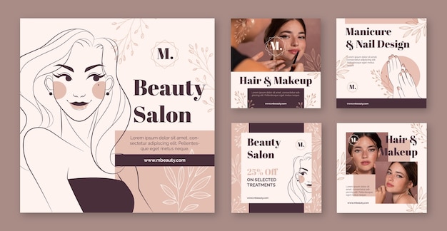 Vector hand drawn beauty salon instagram posts