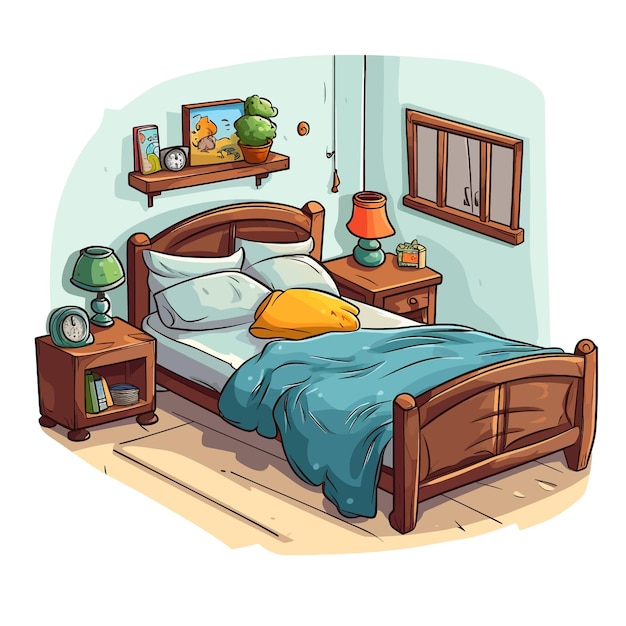 Hand drawn Bed cartoon vector illustration clipart white background