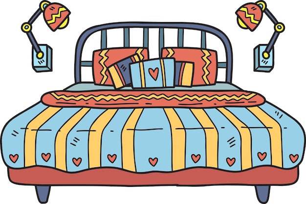 Нарисованная рукой иллюстрация интерьера комнаты кровати и лампы