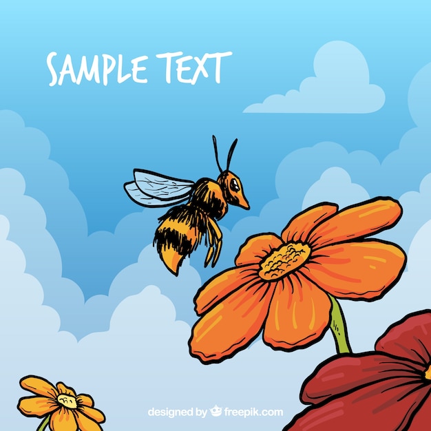 Hand drawn bee and flowers, template