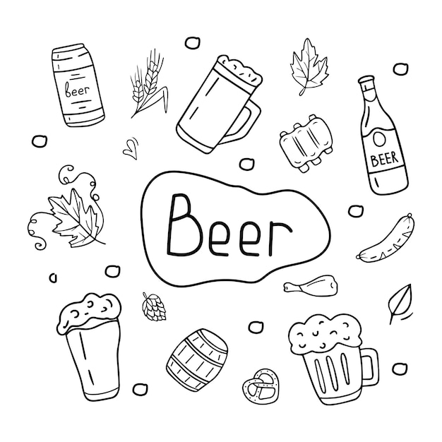 Ручной рисунок пива набор иллюстраций стиль каракули, изолированные на белом фоне