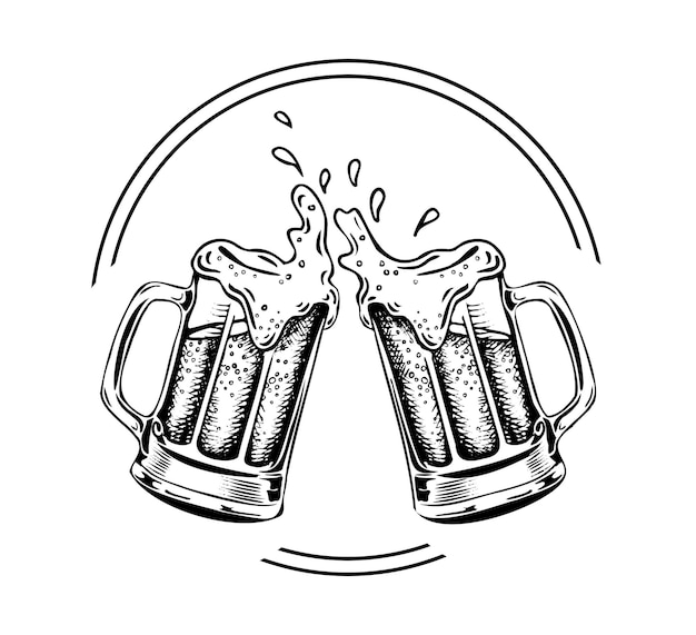 Vector hand drawn beer mugs with foam splashing.