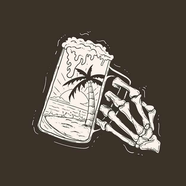 Hand drawn beer and skeleton vector illustration isolated on black background