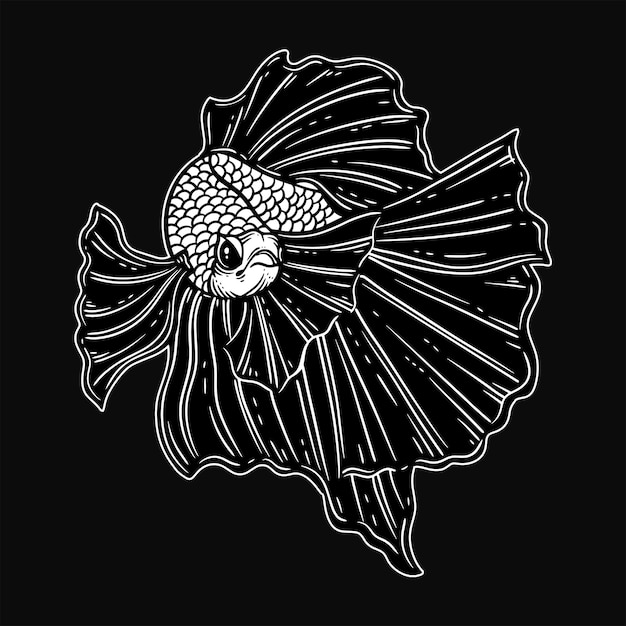 문신과 의류 일러스트레이션을 위한 손으로 그린 Betta Fish Aquatic Black White 빈티지 다크 아트