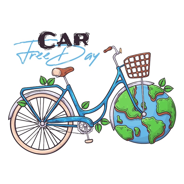世界のカーフリーデーのシンボルとしての手描き自転車。