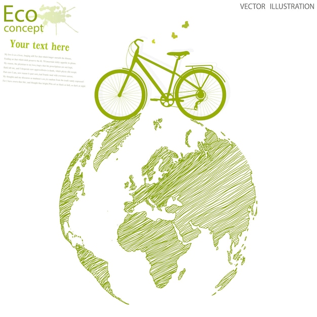 Bicicletta disegnata a mano sul globo verde mondo ecologico ecologia illustrazione doodle