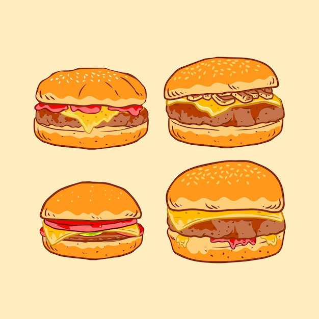 Hand drawn big burger doodle illustration collection