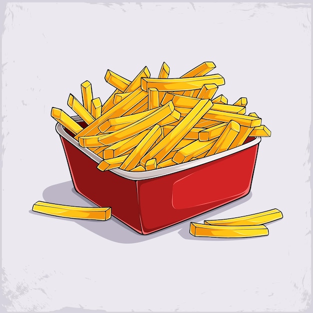 手描きの大きい赤い箱で不健康で美味しいフライドの黄色いフライドポテトがいっぱい食べる準備ができています
