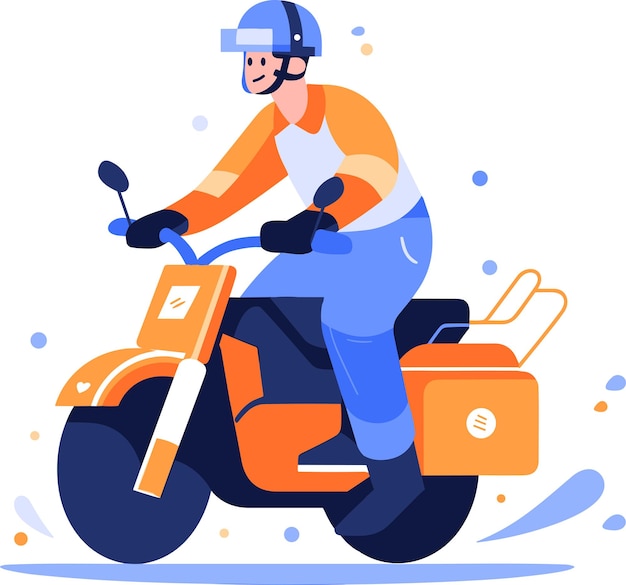 Hand Drawn Biker is riding motorcycle with fun in flat style isolated on background