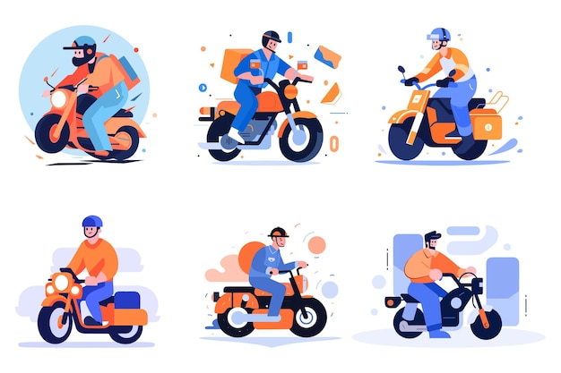 Hand Drawn Biker is riding motorcycle with fun in flat style isolated on background