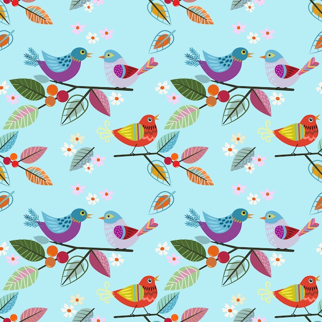 Vector hand drawn bird on branch pattern.