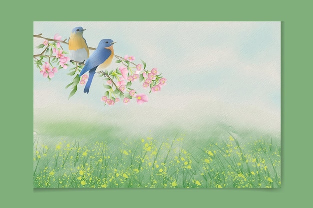 国の手描きの鳥の家の水彩画の春の風景パーティー