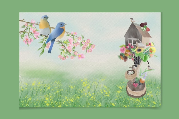 Hand drawn bird house watercolor spring landscape party in the country