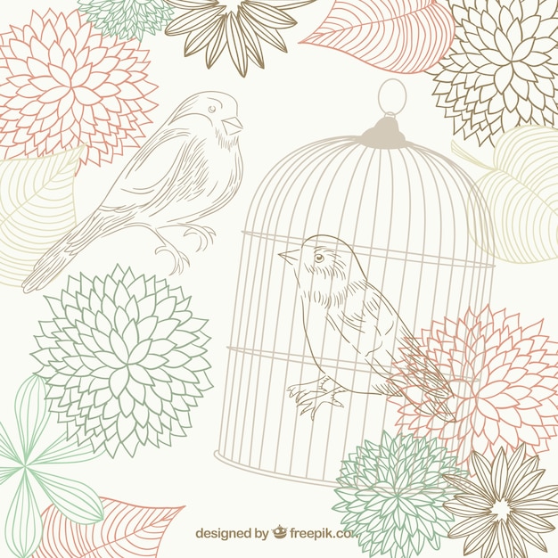 Hand drawn birds, flowers and a bird cage