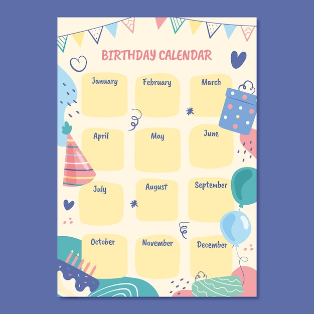 Vector hand drawn birthday calendar template