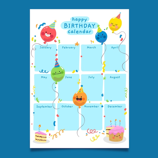 Vector hand drawn birthday calendar template