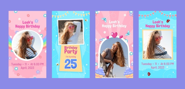 Vector hand drawn birthday celebration instagram stories