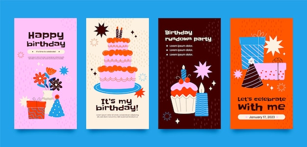 Vector hand drawn birthday celebration instagram stories