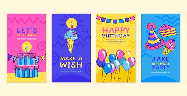 Vector hand drawn birthday celebration instagram stories