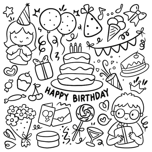 Clipart vettoriali di doodle di compleanno disegnati a mano