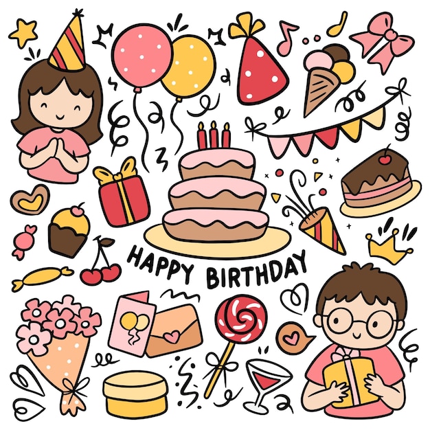 Clipart vettoriali di doodle di compleanno disegnati a mano