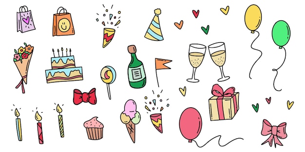 Hand drawn birthday doodles. party collection in doodle style. birthday icons set. hand drawn party iocns in sketch. vector eps 10