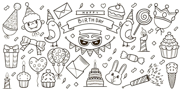 Elementi di compleanno disegnati a mano disegno doodle isolato su sfondo bianco