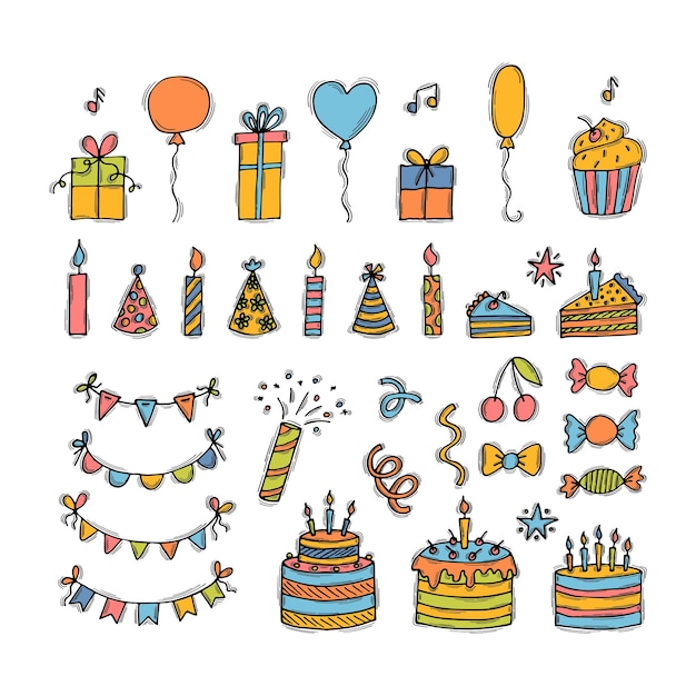 손으로 그린 생일 요소 휴일 컬렉션 파티 요소 세트 Doodle 장식